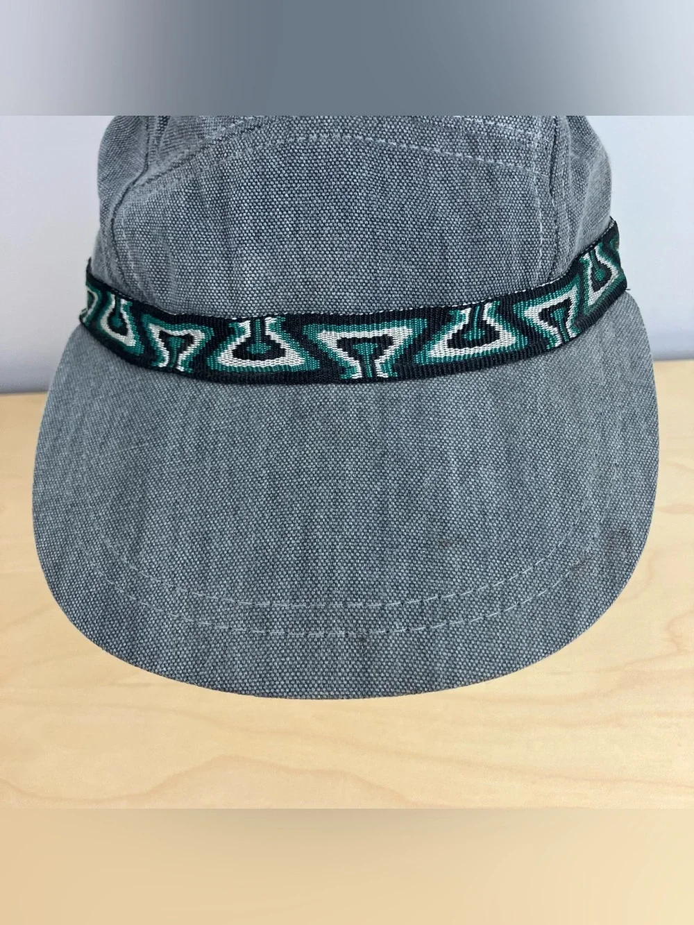 Vintage L.L. Bean 5 Panel Adventure Strapback Hat Script Logo Gray Aztec NOS.